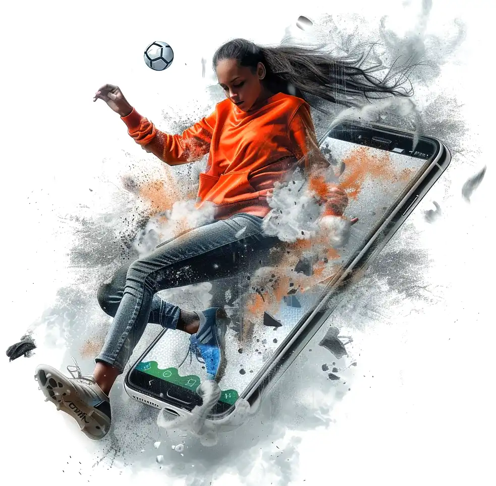 girl kicks the ball on phone